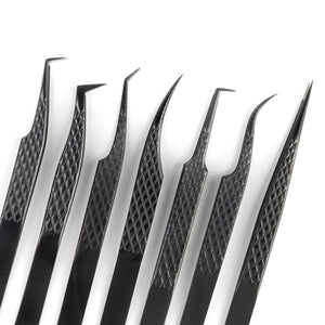 Titanium black fiber tip and non-fiber lash extension tweezers