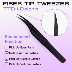 TTB11-Dolphin titanium black lash extension tweezers with fiber tip