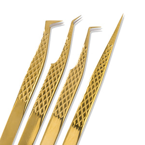 Gold fiber tip lash extension tweezers in four styles