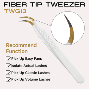 White-gold fiber tip C-curved lash extension tweezers