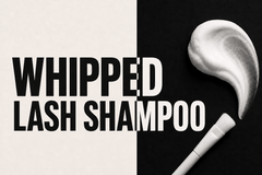 Whipped lash shampoo guide with bold black and ivory typography, cleansing foam and lash brush