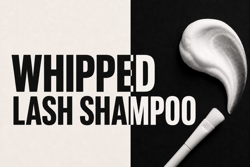 Whipped lash shampoo guide with bold black and ivory typography, cleansing foam and lash brush