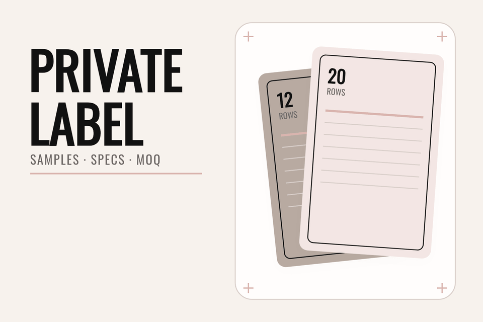 Private label lash tray planning guide with insert cards, specification grid and sample checklist