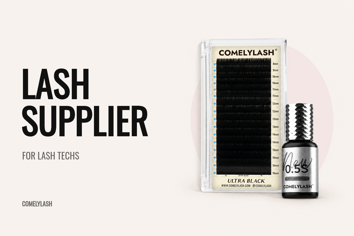 COMELYLASH Ultra Black lash tray and 0.5-second lash adhesive beside the Lash Supplier title