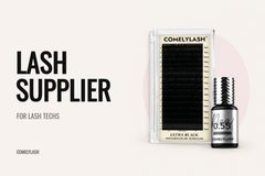 COMELYLASH Ultra Black lash tray and 0.5-second lash adhesive beside the Lash Supplier title