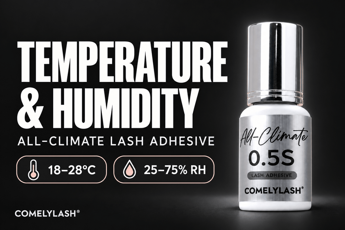 Temperature and humidity guide on a dark background with COMELYLASH All-Climate 0.5s adhesive, 18–28°C and 25–75% RH