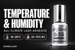 Temperature and humidity guide on a dark background with COMELYLASH All-Climate 0.5s adhesive, 18–28°C and 25–75% RH