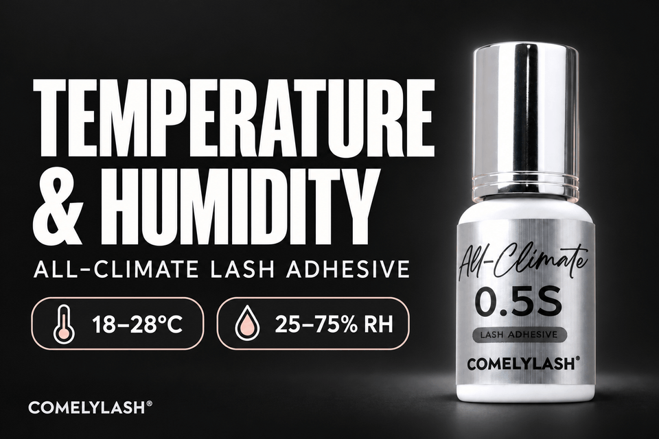 Temperature and humidity guide on a dark background with COMELYLASH All-Climate 0.5s adhesive, 18–28°C and 25–75% RH