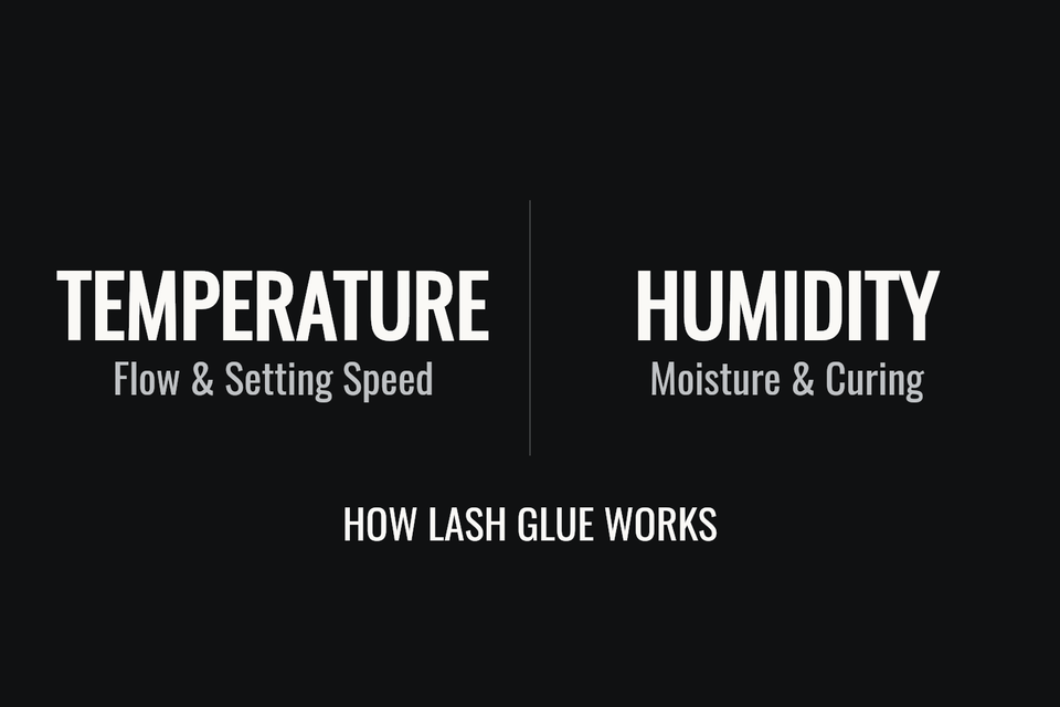 Temperature: Flow & Setting Speed. Humidity: Moisture & Curing. How Lash Glue Works, on a black background.