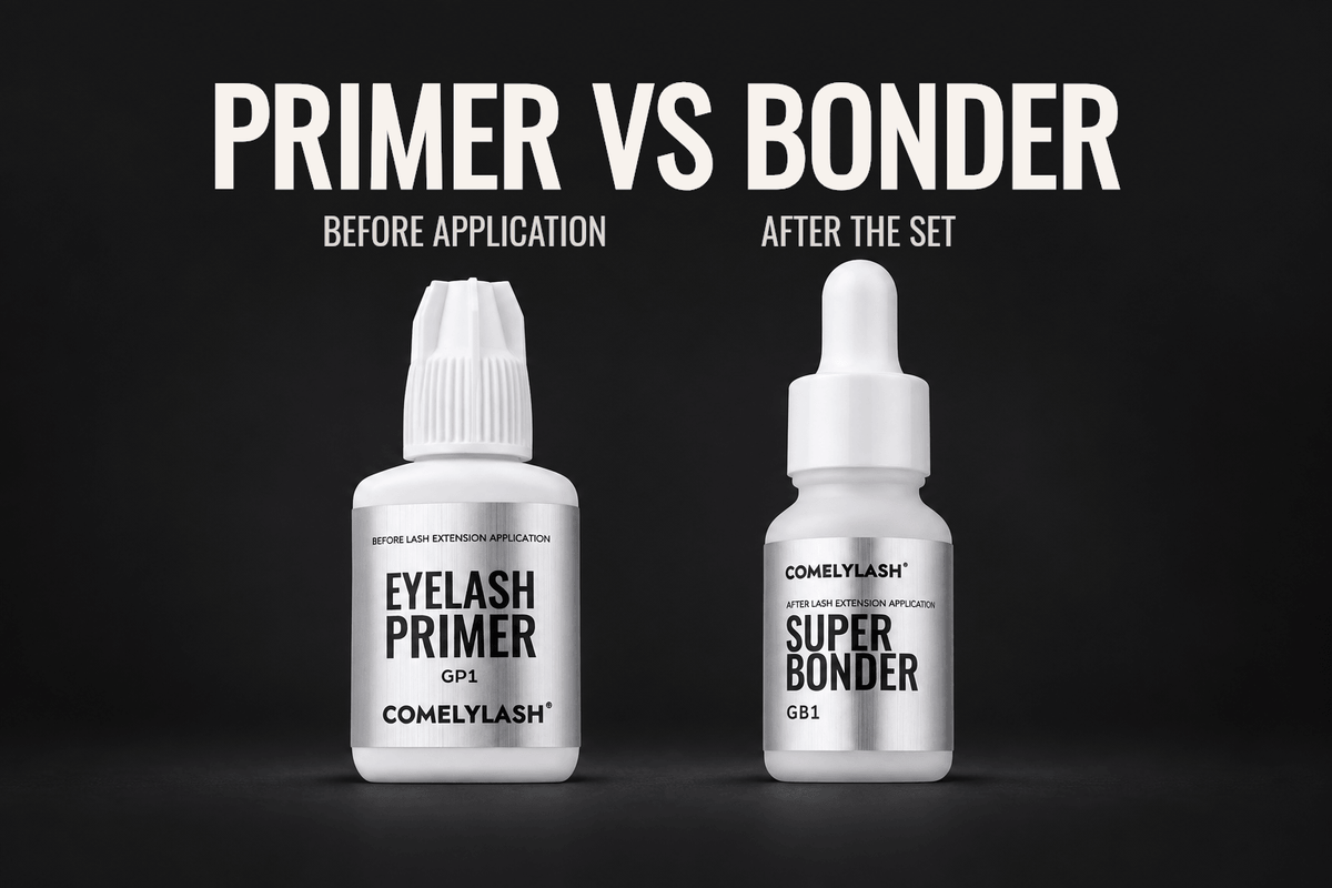 COMELYLASH GP1 Primer before lash application and GB1 Super Bonder after the set, shown side by side.