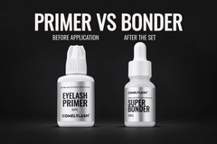 COMELYLASH GP1 Primer before lash application and GB1 Super Bonder after the set, shown side by side.