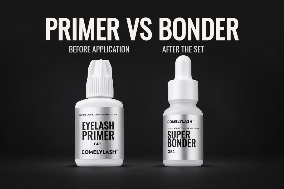 COMELYLASH GP1 Primer before lash application and GB1 Super Bonder after the set, shown side by side.