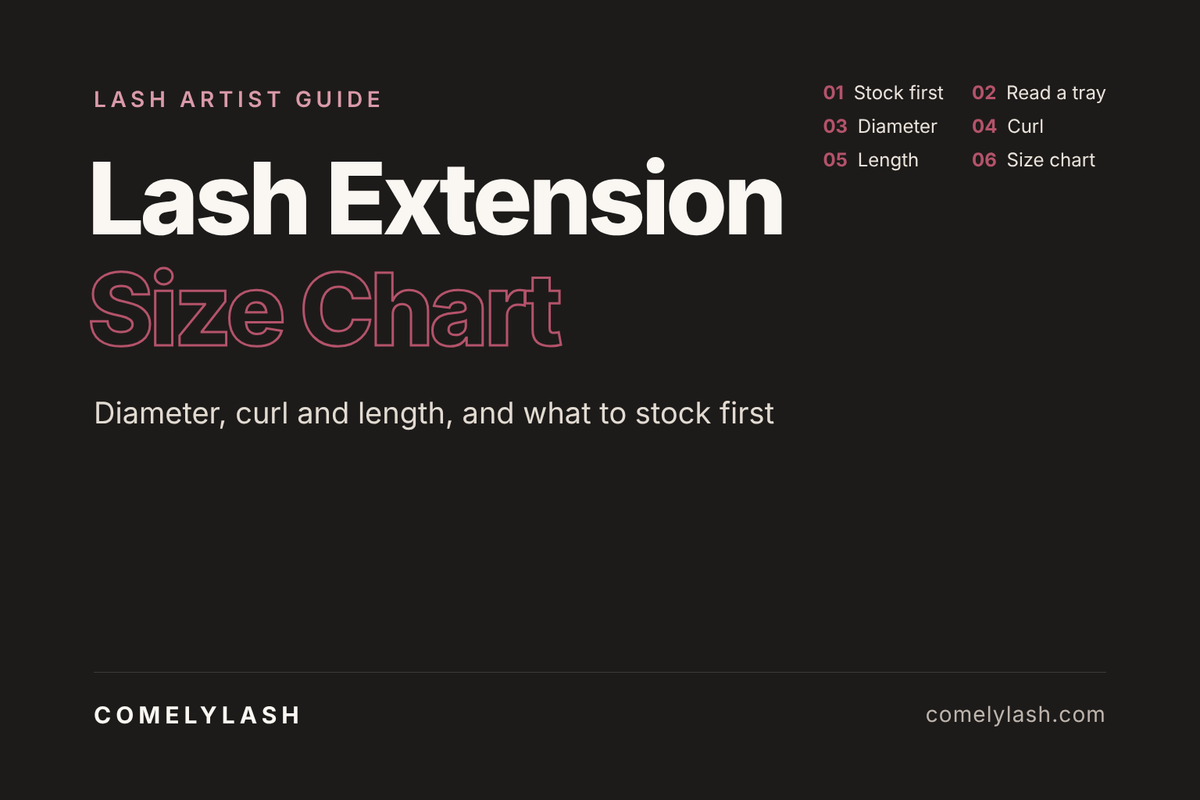 Lash extension size chart for lash artists: diameter, curl and length, from COMELYLASH