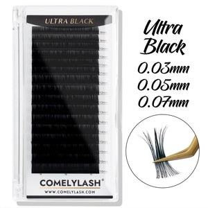 COMELYLASH Ultra Black volume lash extension tray in 0.03, 0.05 and 0.07 mm