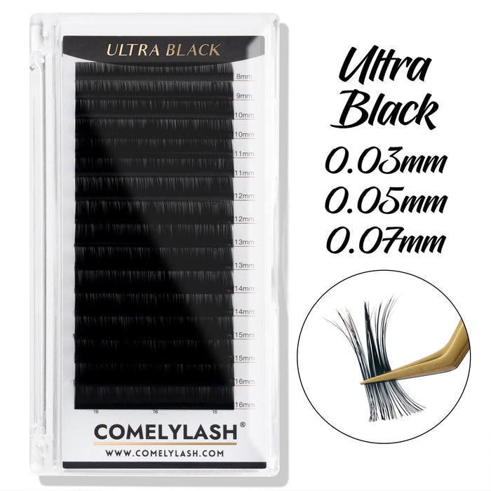 COMELYLASH Ultra Black volume lash extension tray in 0.03, 0.05 and 0.07 mm