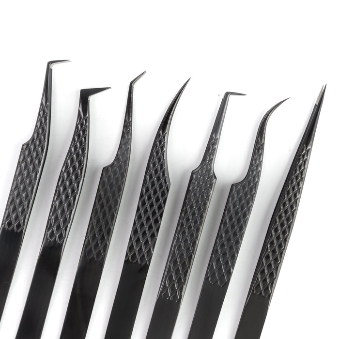 Titanium black fiber tip and non-fiber lash extension tweezers