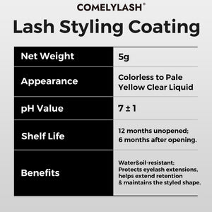 COMELYLASH lash styling coating specifications and benefits chart