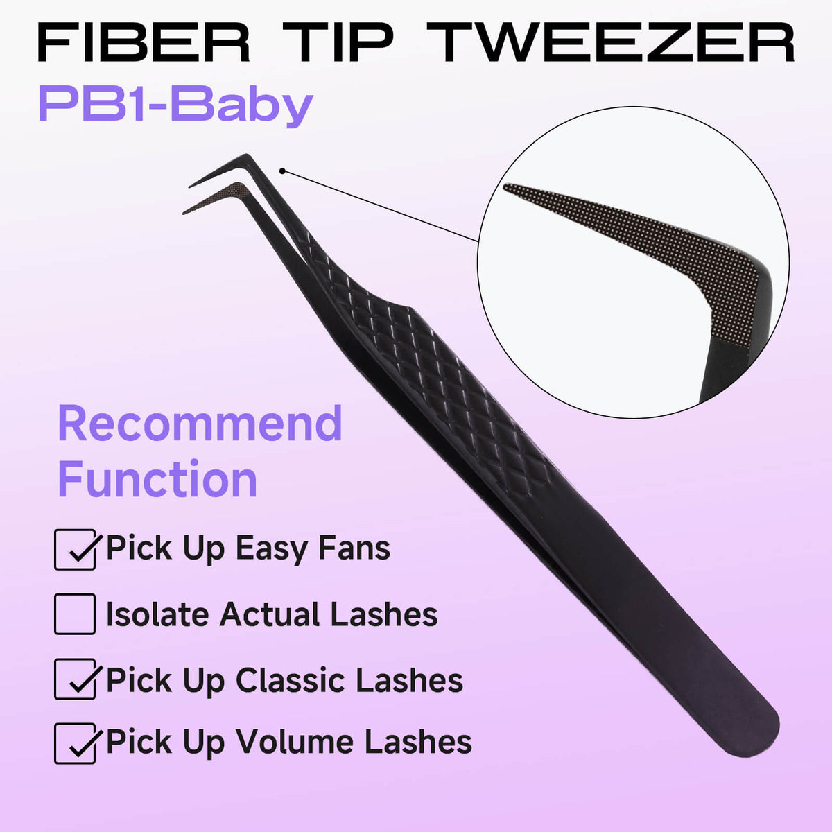 PB1-Baby titanium black lash extension tweezers with fiber tip