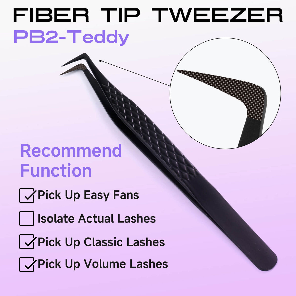 PB2-Teddy titanium black lash extension tweezers with fiber tip