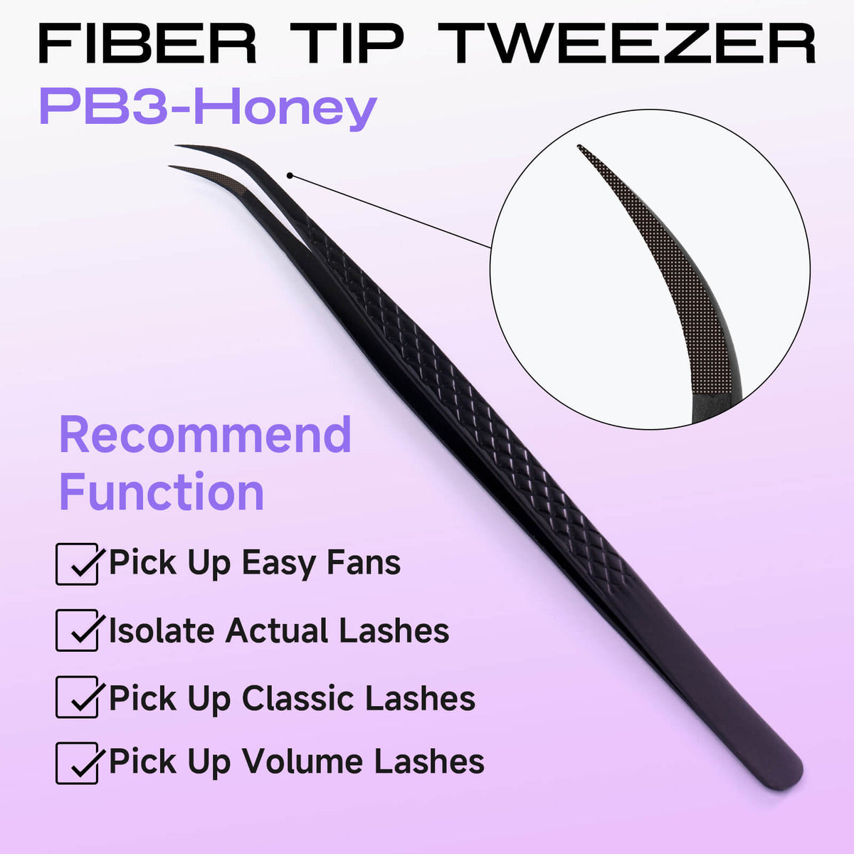PB3-Honey titanium black lash extension tweezers with fiber tip