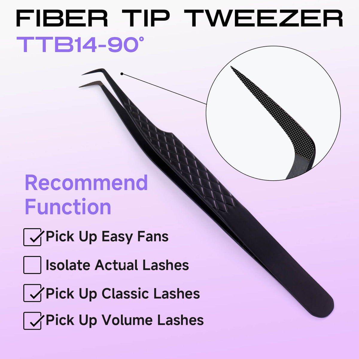 TTB14-90 degree titanium black lash extension tweezers with fiber tip