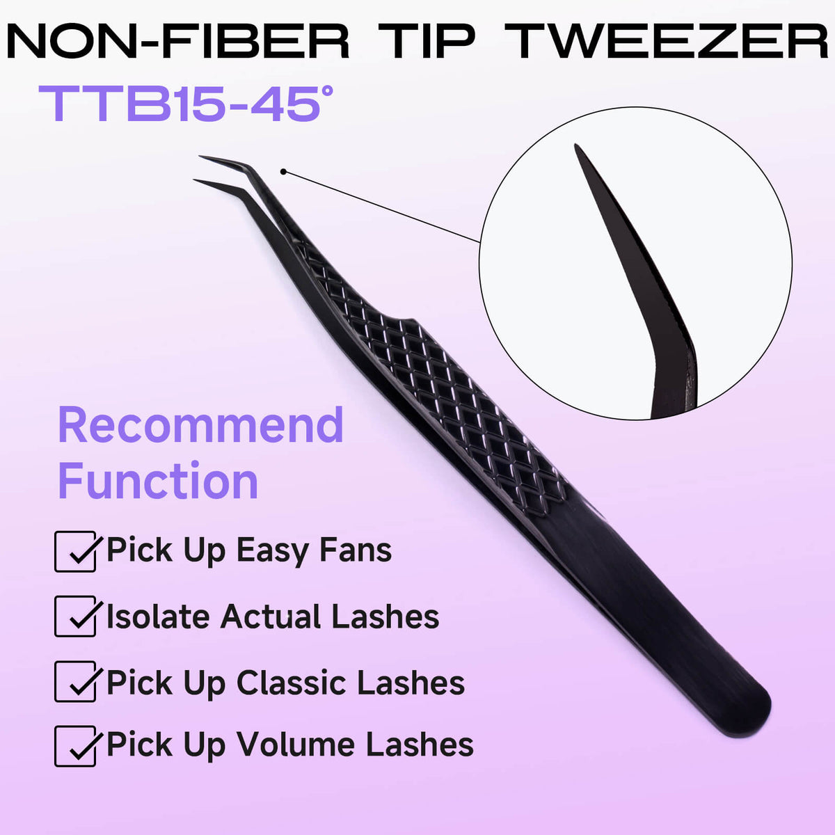 TTB15-45 degree titanium black lash extension tweezers with normal tip