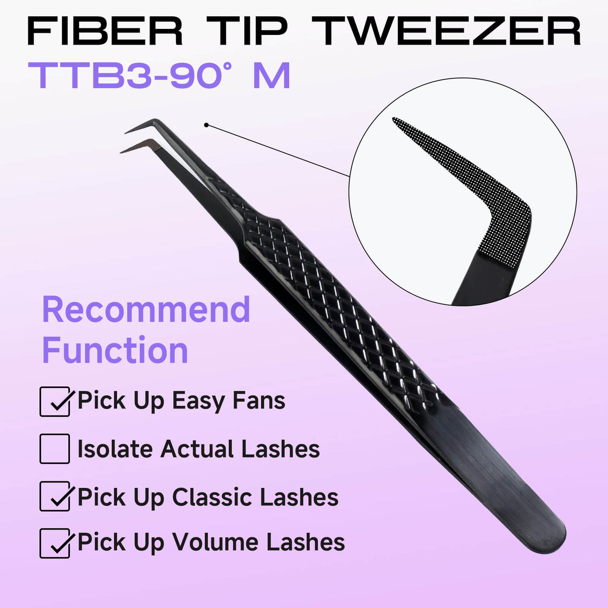 TTB3-90 degree M titanium black lash extension tweezers with fiber tip