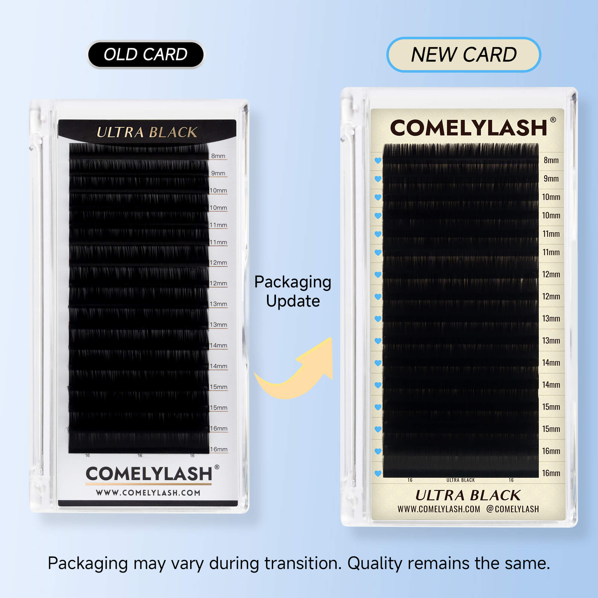 Comelylash Ultra Black packaging update showing old and new card designs