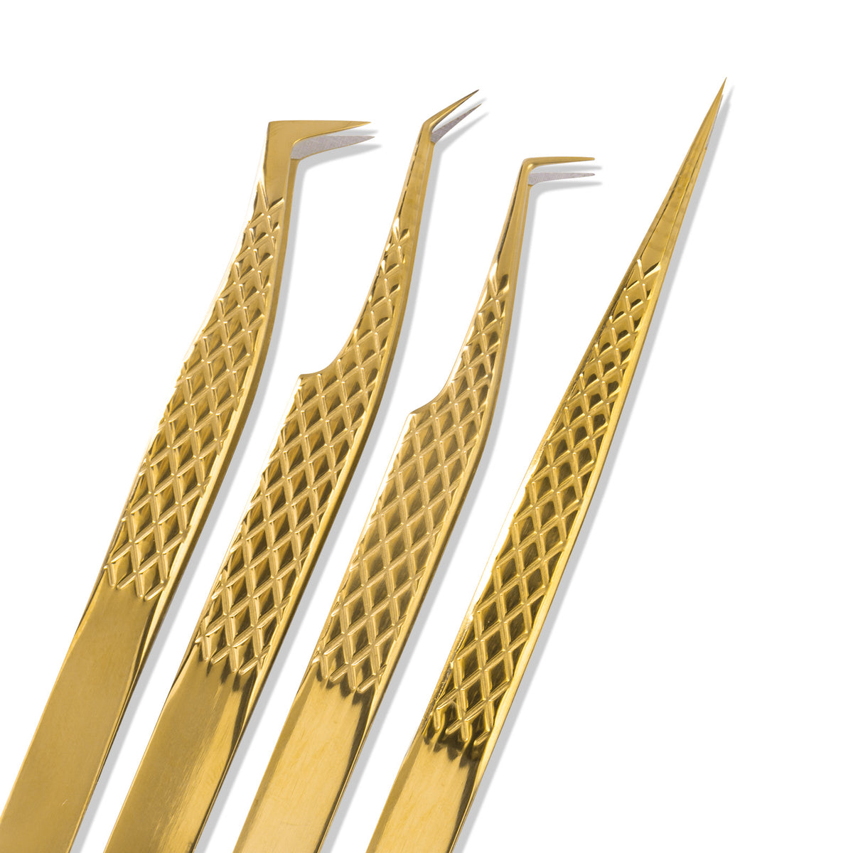 Gold fiber tip lash extension tweezers in four styles