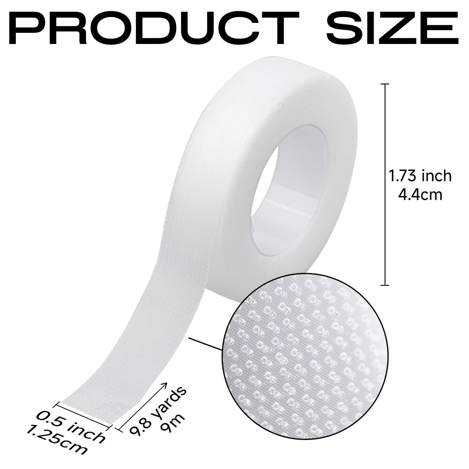 White PE lash tape dimensions: 0.5 inch wide, 9.8 yards long and 1.73 inch roll diameter
