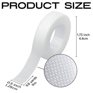 White PE lash tape dimensions: 0.5 inch wide, 9.8 yards long and 1.73 inch roll diameter