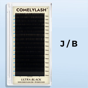 Ultra Black lash extension tray available in J and B curls on a light blue background
