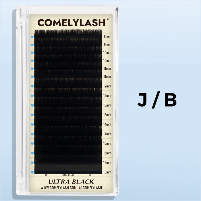 Ultra Black lash extension tray available in J and B curls on a light blue background