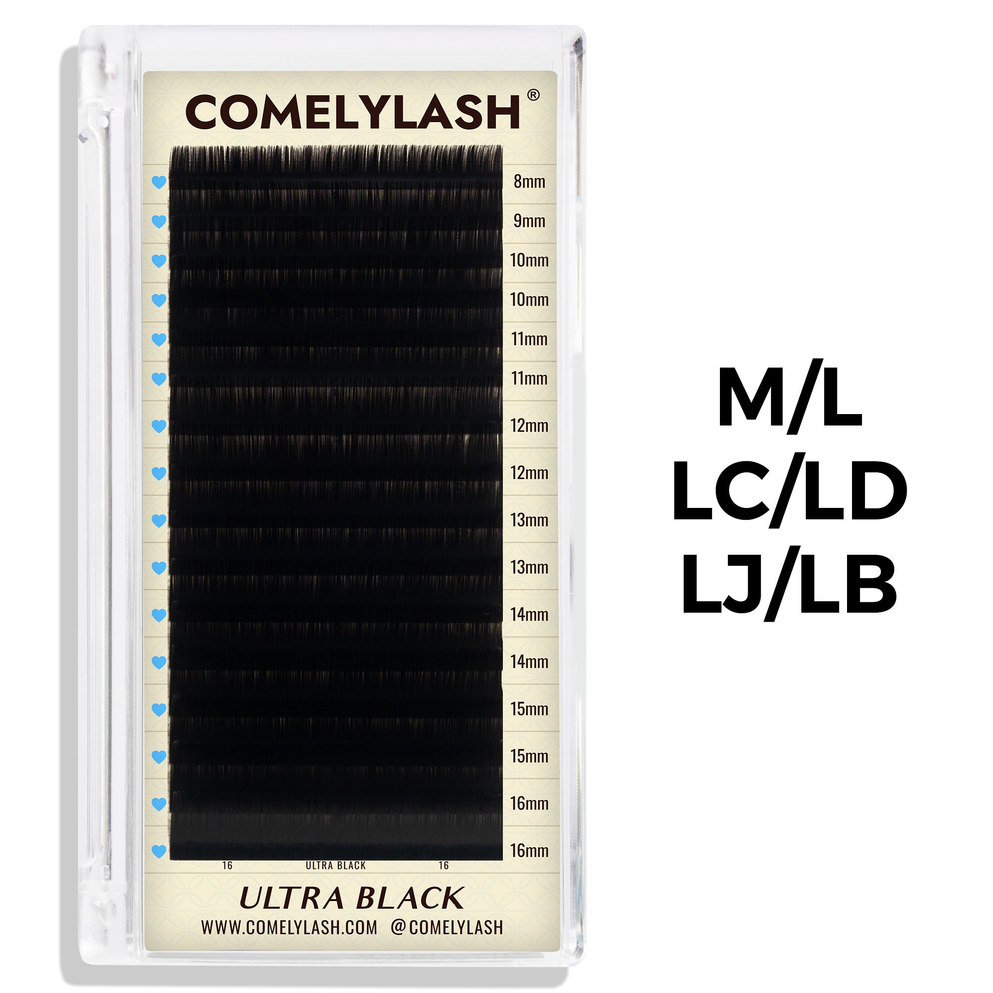 Ultra Black 0.05 lash extension tray in M, L, LC, LD, LJ and LB curls, Mix 8–16 mm
