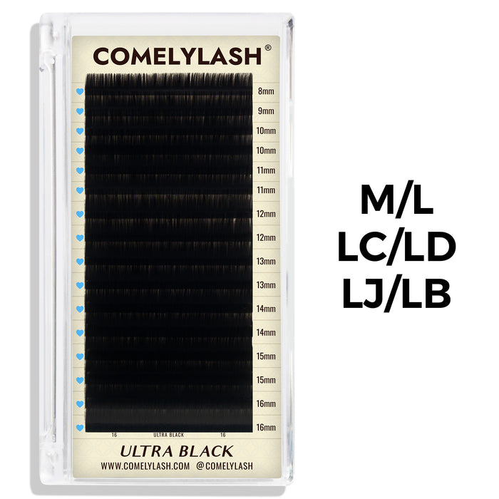 Ultra Black 0.05 lash extension tray in M, L, LC, LD, LJ and LB curls, Mix 8–16 mm