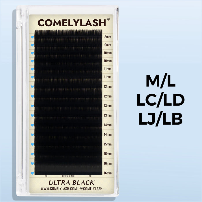 Ultra Black 0.05 lash extension tray in M, L, LC, LD, LJ and LB curls on a light blue background