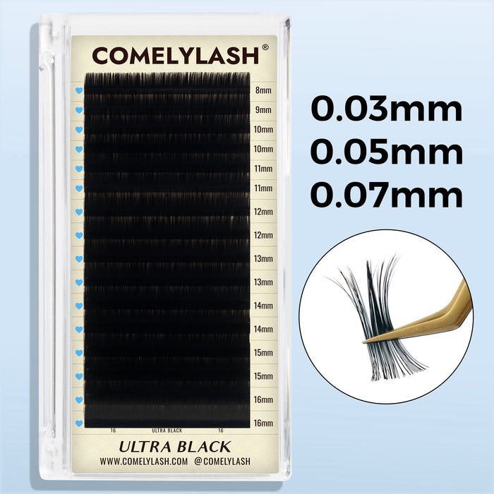 Ultra Black volume lash extension tray in 0.03 mm, 0.05 mm and 0.07 mm thicknesses on a light blue background