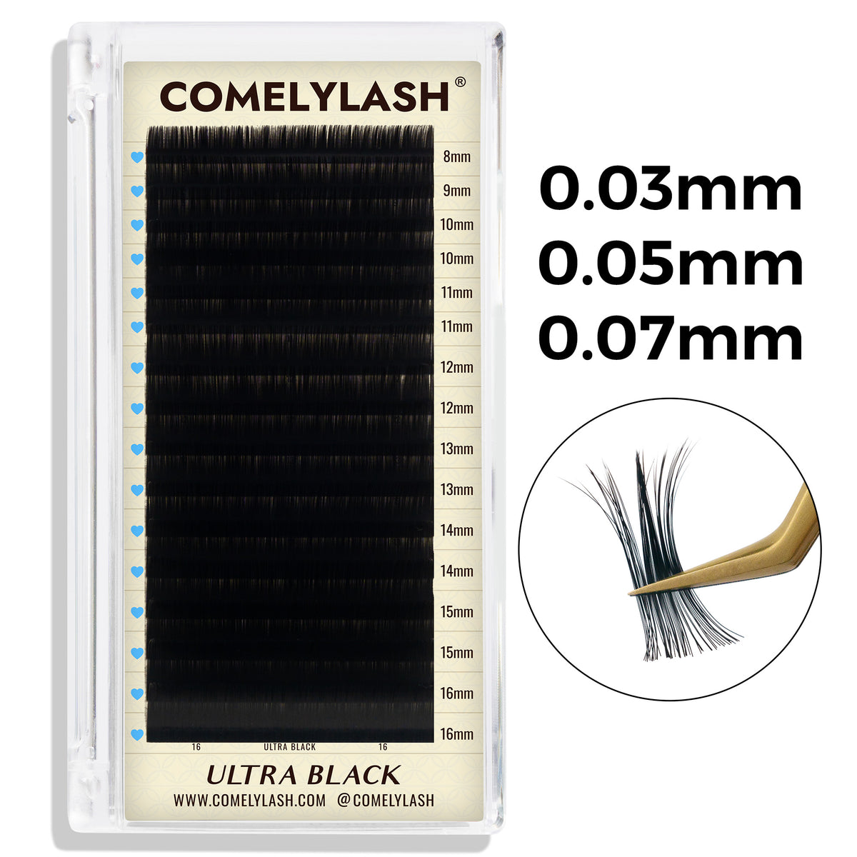 Ultra Black volume lash extension tray in 0.03 mm, 0.05 mm and 0.07 mm thicknesses