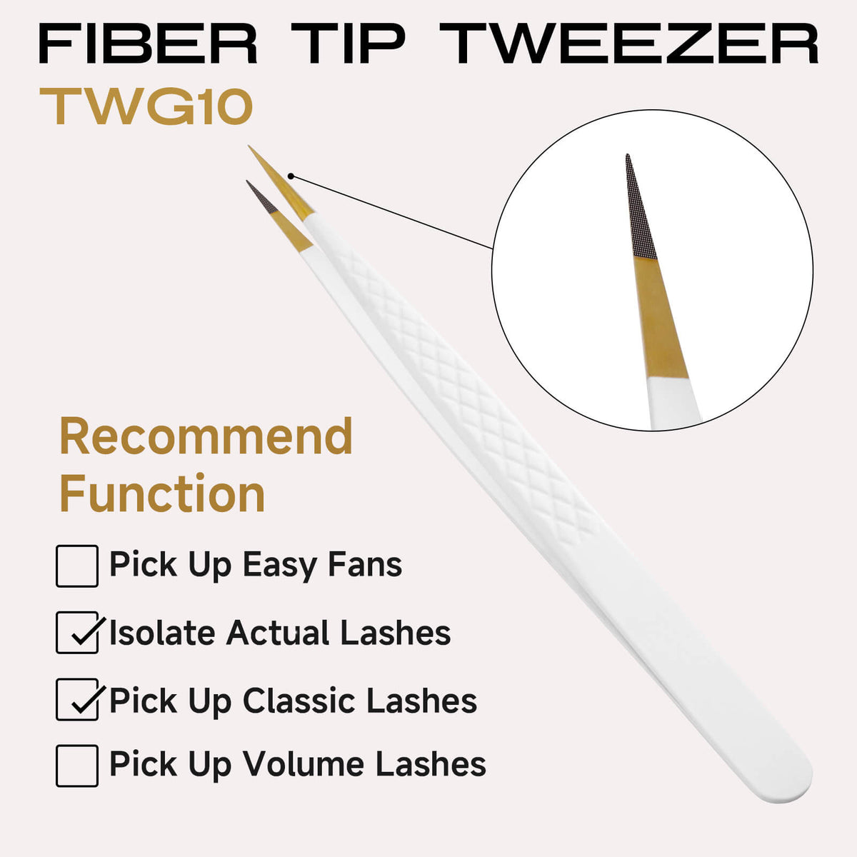White-gold fiber tip straight lash extension tweezers