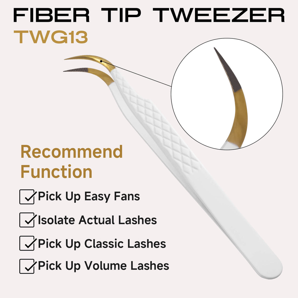 White-gold fiber tip C-curved lash extension tweezers