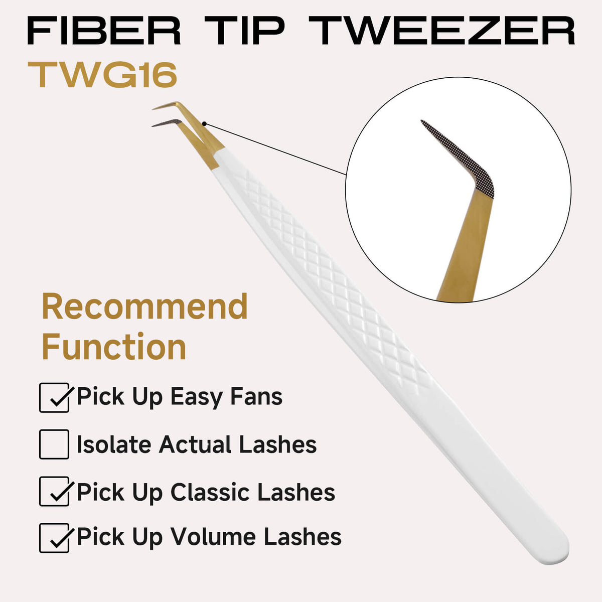 White-gold fiber tip long 90-degree lash extension tweezers
