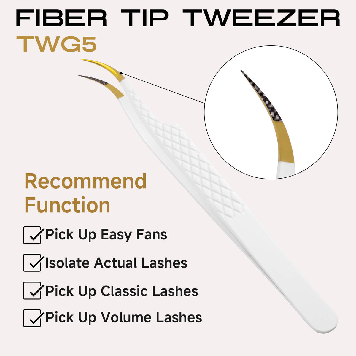 White-gold fiber tip curved lash extension tweezers