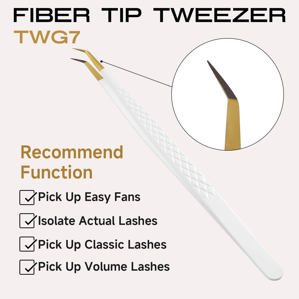 White-gold fiber tip 45-degree lash extension tweezers